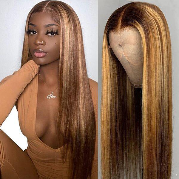 Highlighted Wigs 13x4 Lace Front Wig P4/27 Piano Color Straight Human Hair Wigs with Highlights