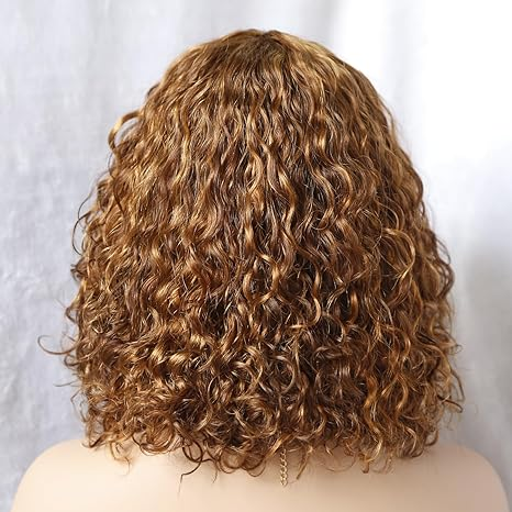 Lumiere A1 Customized #30 Curly Bob Wigs Human Hair Wig With Bangs for Black Women 14 Inch
