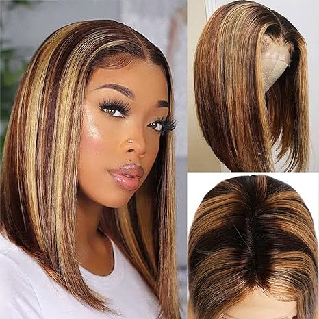 Lumiere A1 Customized 4x4 Lace P4/27 Straight Bob Wig Human Hair Highlight Honey Blonde Lace Closure Wig for Women 14Inch