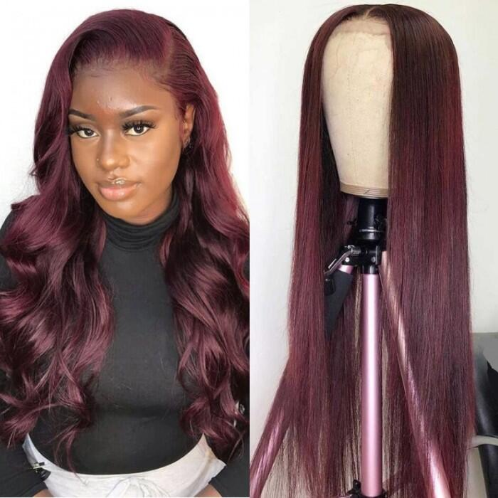 Skunk Stripe Plum Colored 13x4 Lace Silky Body Wave Wig Human Hair For Black Women
