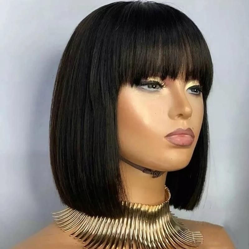 Bob Short Straight Wigs with Bangs Full Machine Natural Black Human Hair Wigs for Women