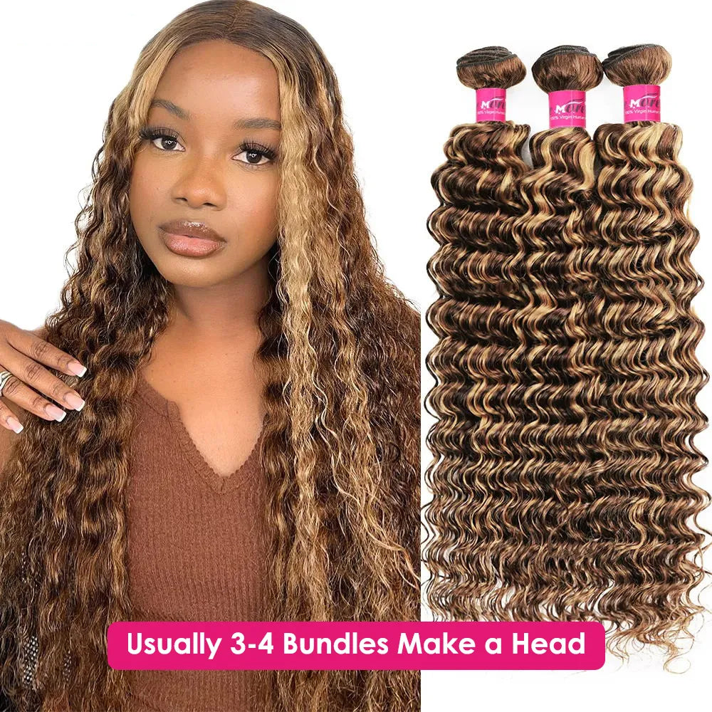 Highlight Deep Wave 3 Bundles Brazilian 30 Inch Human Hair Bundles P4/27 Ombre Brown Blonde Weave Bundles Hair Extensions