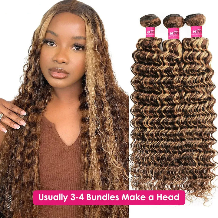 Highlight Deep Wave 3 Bundles Brazilian 30 Inch Human Hair Bundles P4/27 Ombre Brown Blonde Weave Bundles Hair Extensions