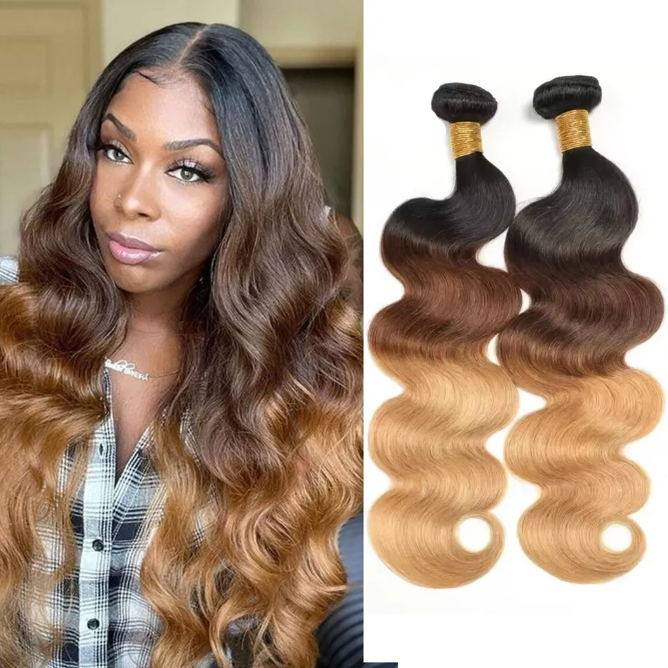 lumiere Hair 2 Bundles Ombre 1b/4/27 Color Body Wave Virgin Human Hair Extension