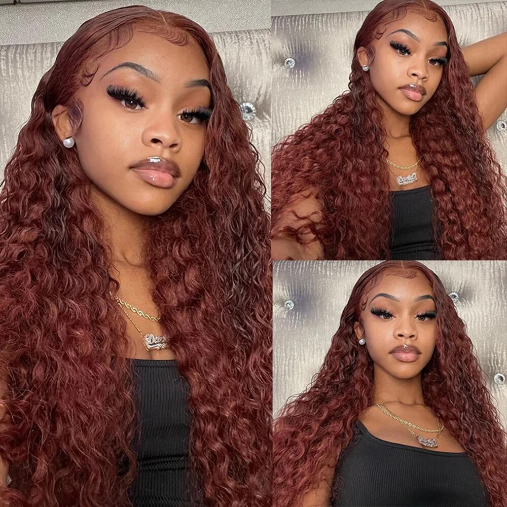 #33 Reddish Brown Deep Curly 13x4/4x4/5x5 Closure Lace Mid Part Long Wig 100% Human Hair