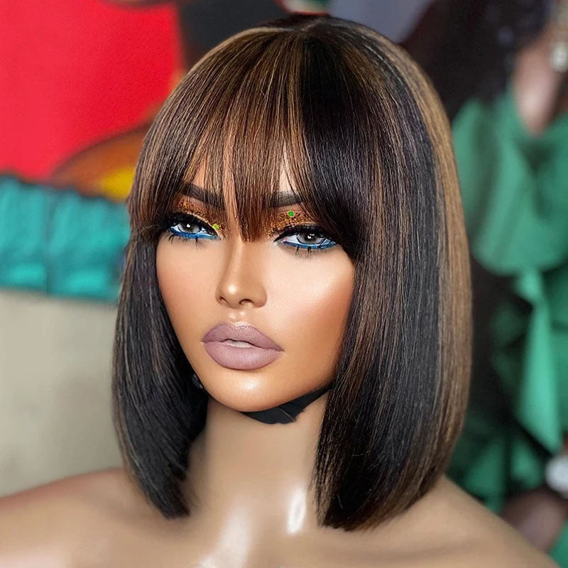 Lumiere Highlight Straight Bob Human Hair Wig with Bangs None lace Bob Wigs 180% Density Wear and Go Glueless Machine Made Colored Wig for Woman 14 Inch