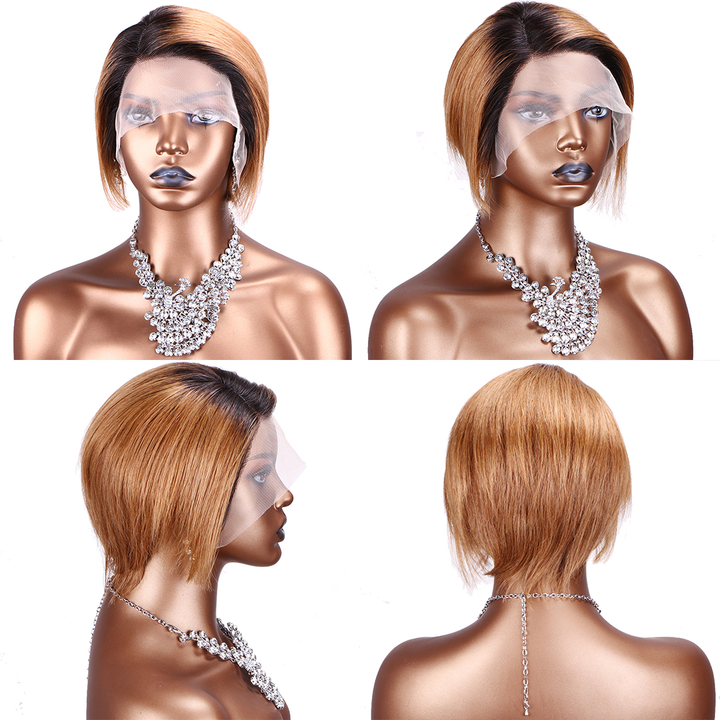 Short Human Hair Wigs Pixie Cut Straight Remy Brazilian Hair T-Part Lace Wig