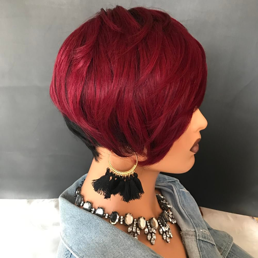 Lumiere Natural Black Highlights Burgundy New Pixie Cut Short Human Hair Wigs Full Machine Made Wig For Women Short Left And Long Right