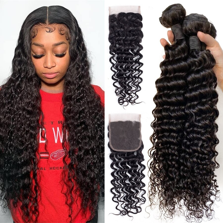 Deep Wave 4 Bundles with 4X4 Lace Closure Malaysian Virgin Human Hair