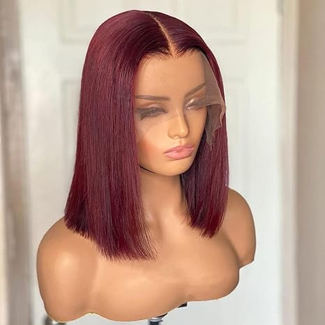 Lumiere Blunt Cut #99J Red Colored New Short Bob 13x4 Lace Front Human Hair Wigs Straight Bob Wigs