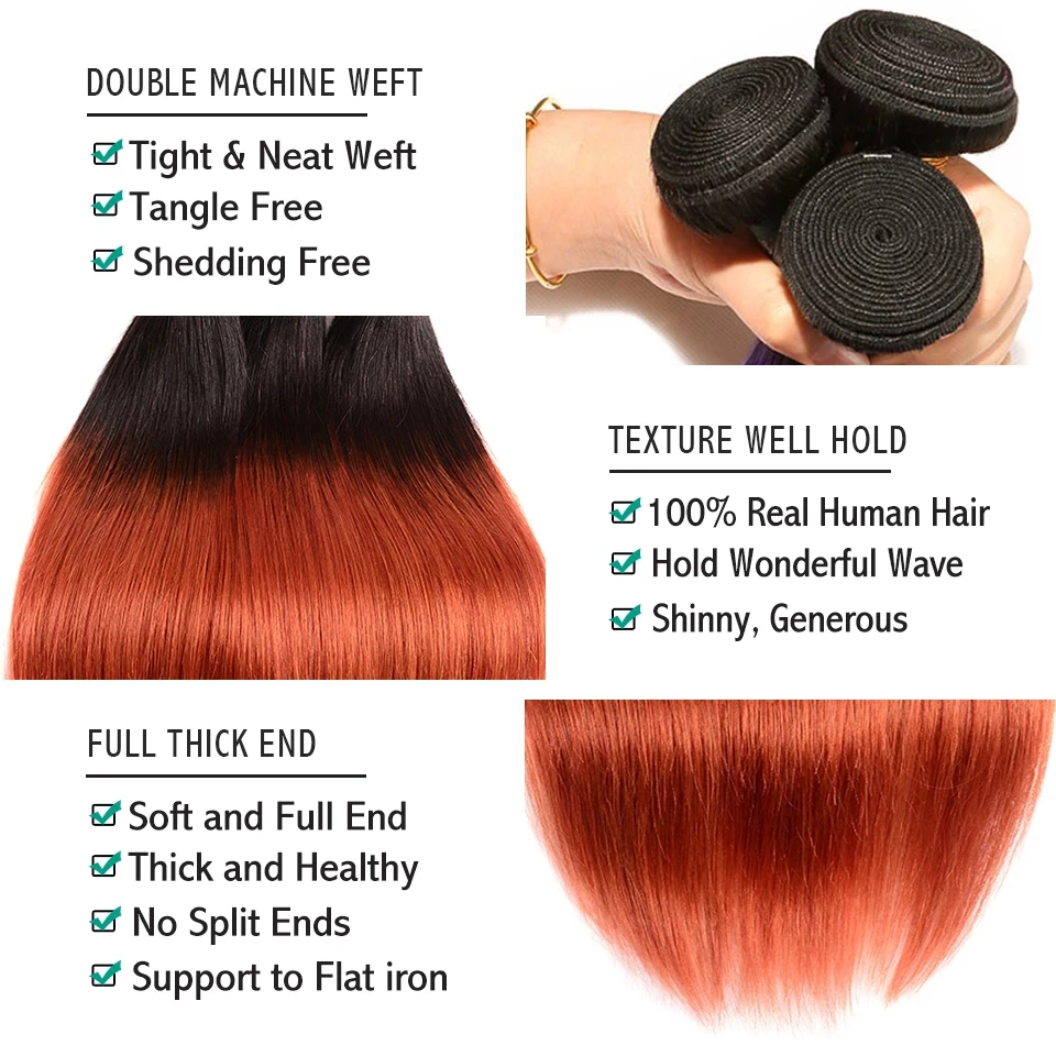 1B/350 Orange Straight 4x4 Lace Closure With 3 Bundles Brazilian Ombre Hair Weave