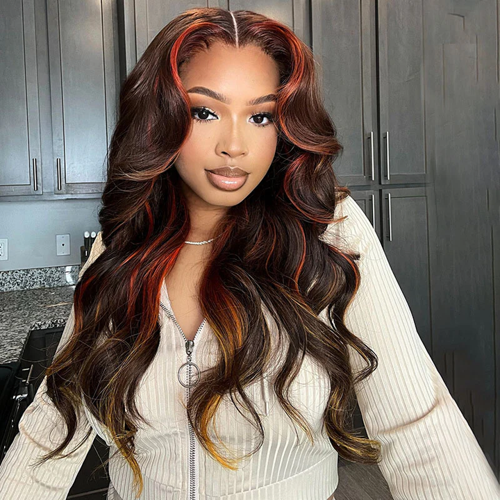 Lumiere Ginger Highlights On Brown Hair Multi Colored Lace Front skunk stripe Body Wave Wig Brown with Mixed Orange Yellow Human Hair Wig