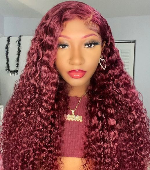 Customized #Burg Colored Curly Human Hair Wigs 250% Density HD Transparent 13X4 Lace Frontal Red Wine Hair | Lumiere