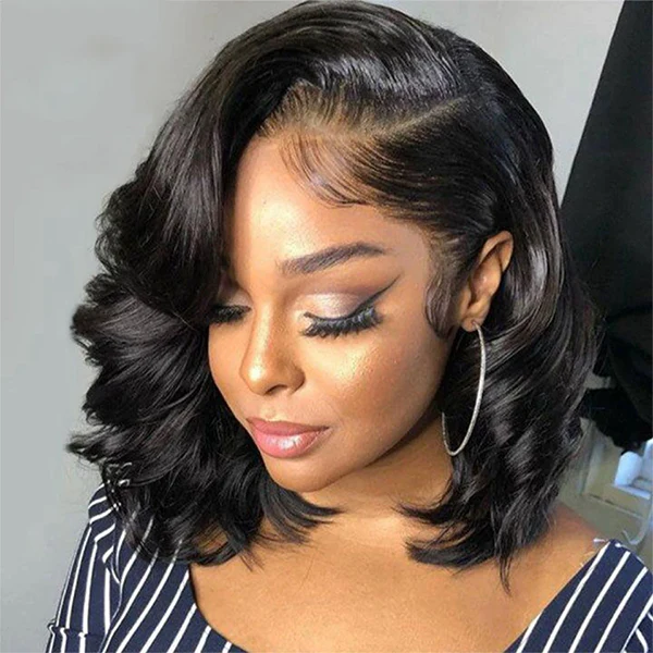 Chocolate Brown/Natural Black Body Wave Short Bob Lace Frontal Wigs Pre Plucked