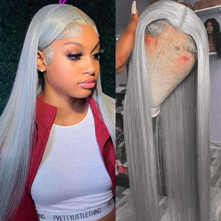 Grey Silver Straight HD Transparent Lace Frontal / Closure Virgin Human Hair Wig