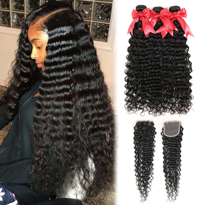 Deep Wave 3 Bundles With Closure 6x6 lace 100% virgin human hair