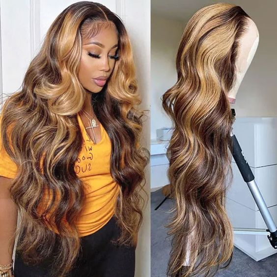 Highlights Hair Body Wave Lace Front Wig P4/27 Transparent Lace Brown Hair with Blonde Highlights Wigs