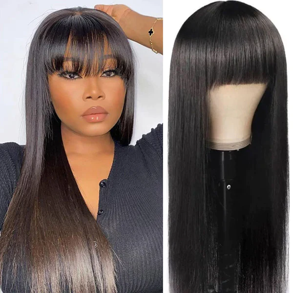 Straight Full Machine Made None Lace Front Wigs With Bangs For Women 8-24 Inches