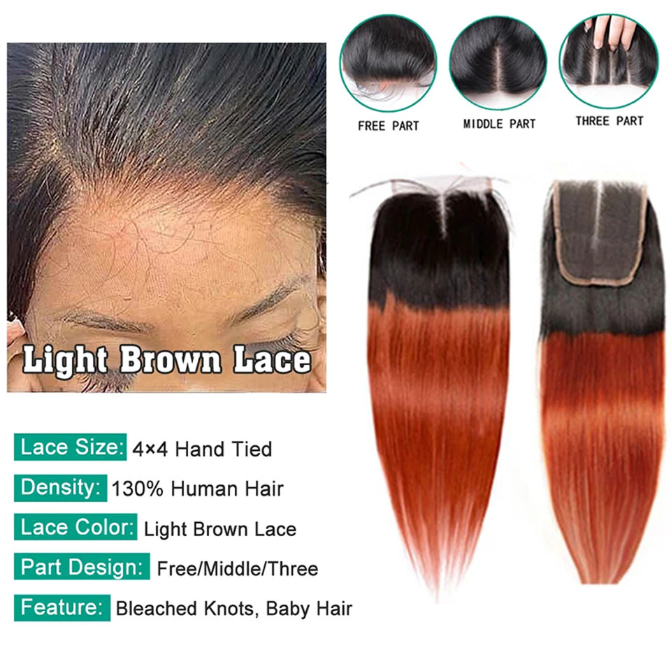 1B/350 Orange Straight 4x4 Lace Closure With 3 Bundles Brazilian Ombre Hair Weave