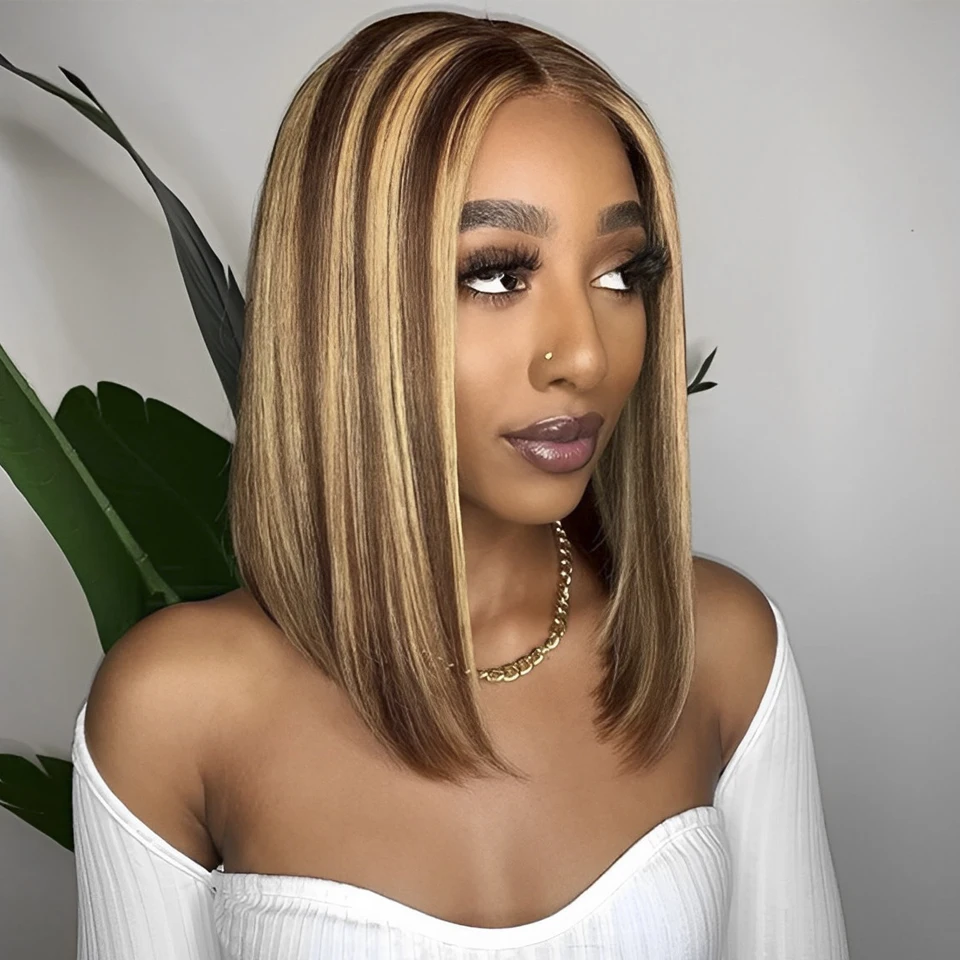 Glueless Human Hair P4/27 Highlight Edges Brown Straight Short Bob Wig 4x4 Lace Front Wigs Preplucked Lace Closure Wig