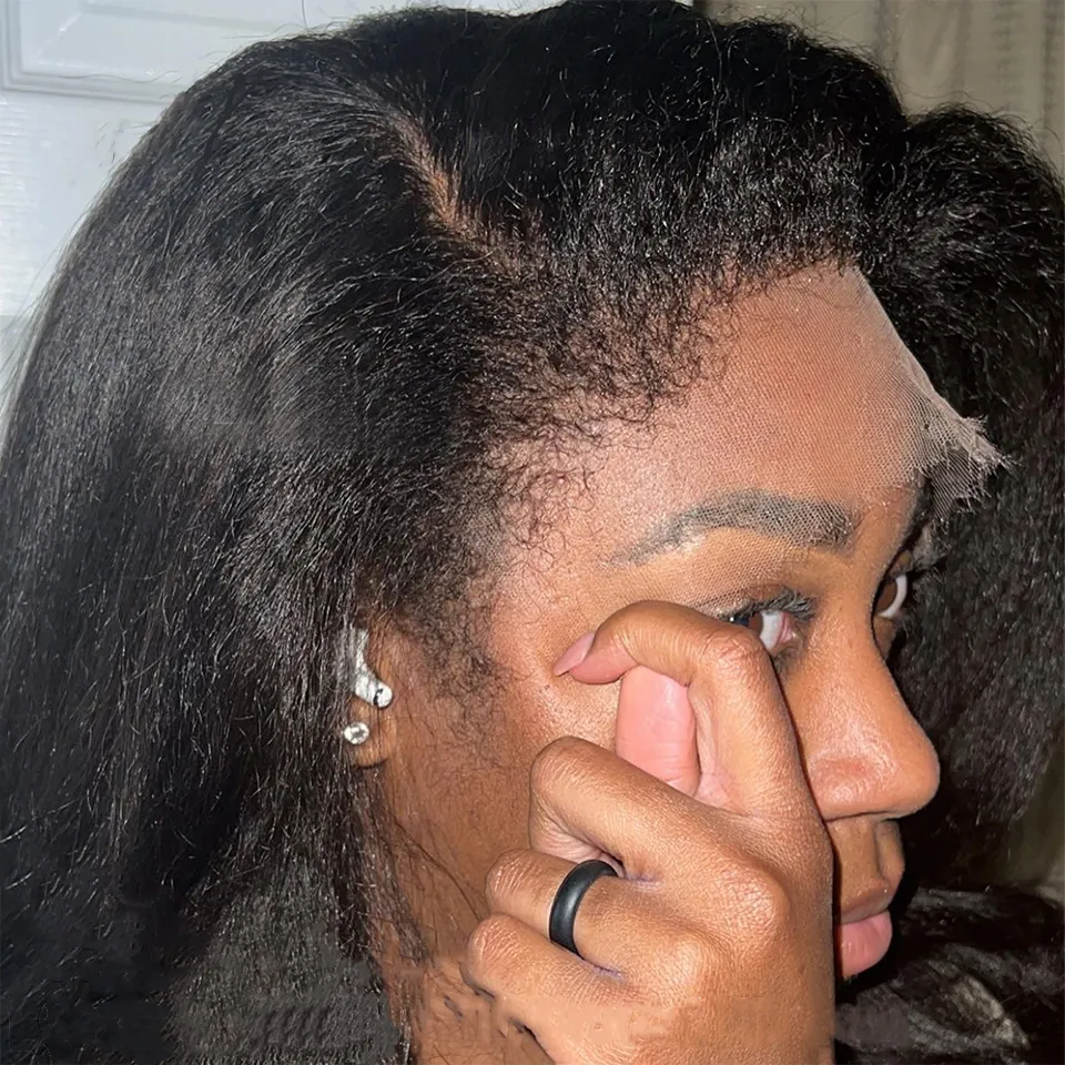 Bords 4C | Indétectable Kinky Straight Kinky Edges 13x4 Frontal Lace Glueless Wig | Inspiré d'Afro