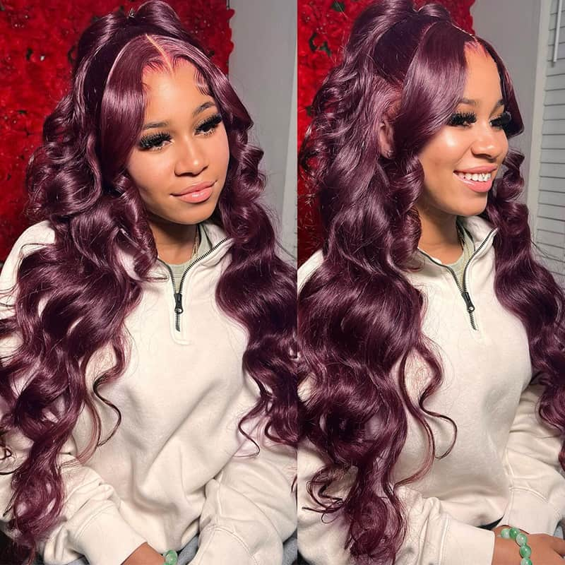Skunk Stripe Plum Colored 13x4 Lace Silky Body Wave Wig Human Hair For Black Women