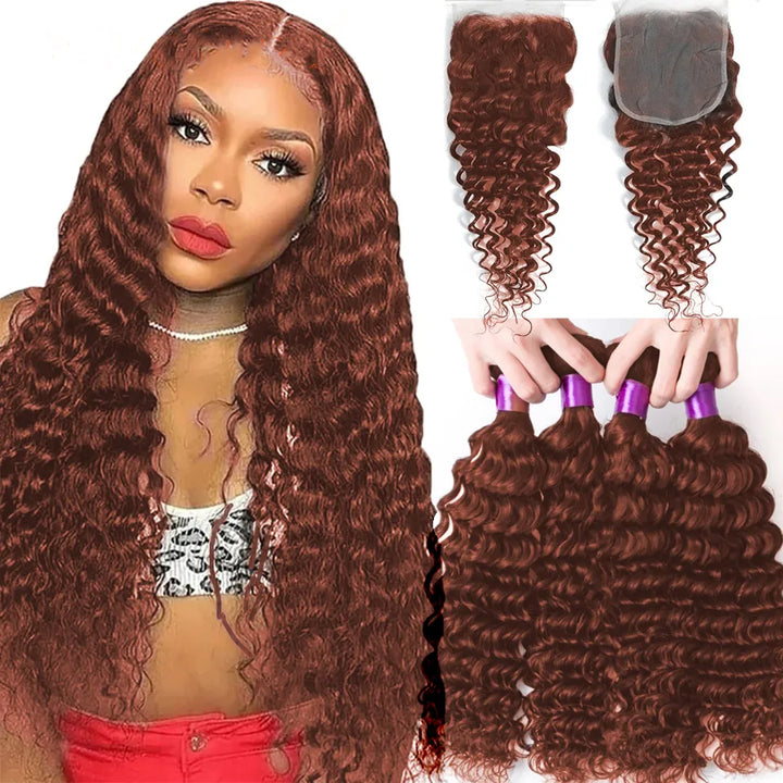 #33 Deep 4 Bundles With 4x4 Lace Closure Brazilian Virgin Human Hair(No Code Need)