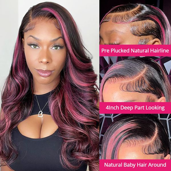 Hot Pink and Black Skunk Stripe Body Wave 13x4 HD Lace Front Human Hair Wigs With Purple Red Highlights Lace frontal Wigs