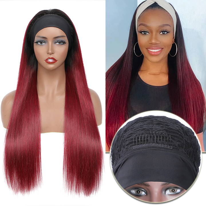 Burgundy Straight Hair Headband Wigs For Women Lumiere Hair Peruvian Full Machine Made Colored Human Hair Wigs