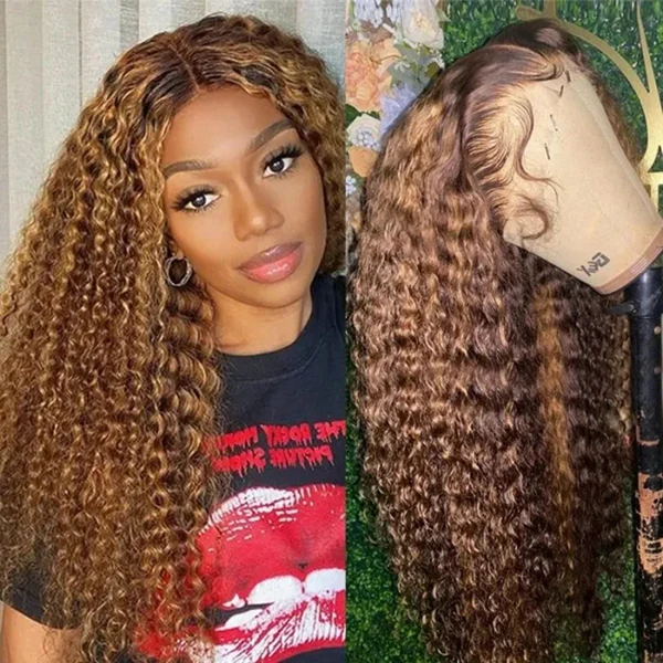 P4/27 Highlight Kinky Curly HD Lace Front / T part Human Hair Wigs