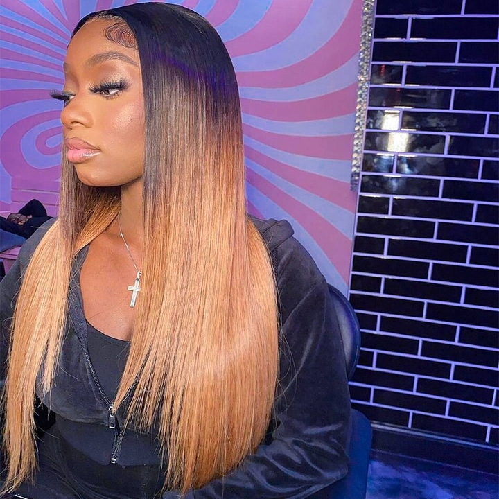 3Tone Color Highlighted Wigs 13x4 Lace Frontal Wig 1b/4/27 Straight Human Hair Wigs with Highlights