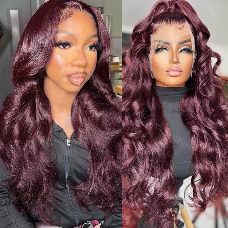Skunk Stripe Plum Colored 13x4 Lace Silky Body Wave Wig Human Hair For Black Women