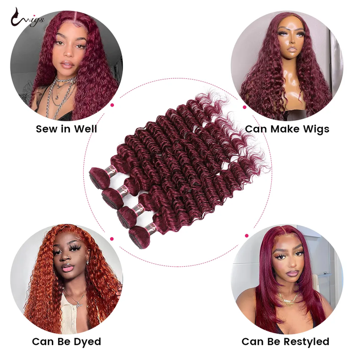 #99j  Red Bundles Deep Wave 4 Bundles Remy 100% Human Hair