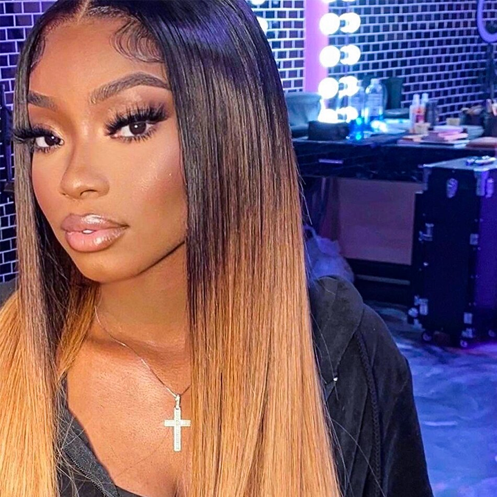 3Tone Color Highlighted Wigs 13x4 Lace Frontal Wig 1b/4/27 Straight Human Hair Wigs with Highlights