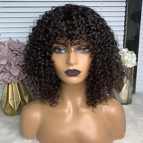 Lumiere A1 Customized Curly Short Bob Human Hair Wigs with Bangs None Lace Front Human Hair Wigs for Black Women 14 inch HDZ-32