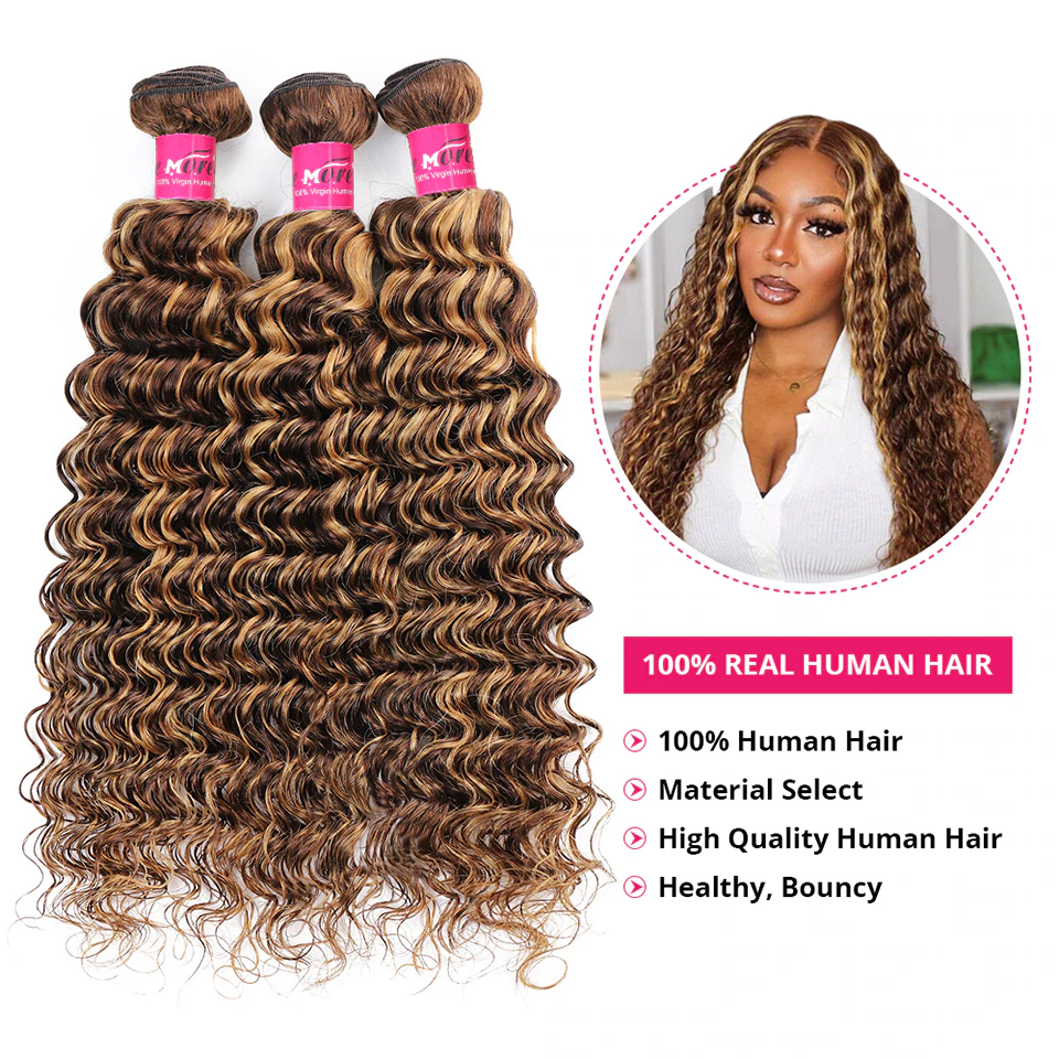 Highlight Deep Wave 3 Bundles Brazilian 30 Inch Human Hair Bundles P4/27 Ombre Brown Blonde Weave Bundles Hair Extensions