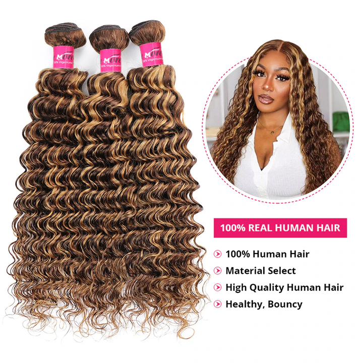 Highlight Deep Wave 3 Bundles Brazilian 30 Inch Human Hair Bundles P4/27 Ombre Brown Blonde Weave Bundles Hair Extensions