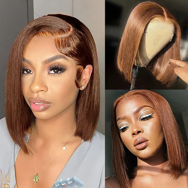 Lumiere New Blunt Cut Short Bob Wigs #4 Brown Colored Straight Human Hair 13x4 Lace Front Wigs