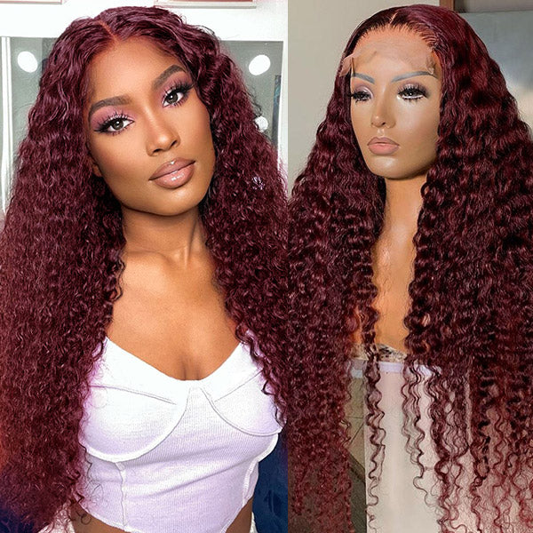 # 99J Kinky Curly 4x4/5x5/13x4 Lace Closure/Frontal 150%/180% Densité Perruques Pour Femmes Pré Plumées