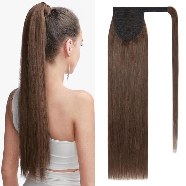 #4 Brown Straight Wrap Around Ponytail Human Hair Extensions Color Hairpiece