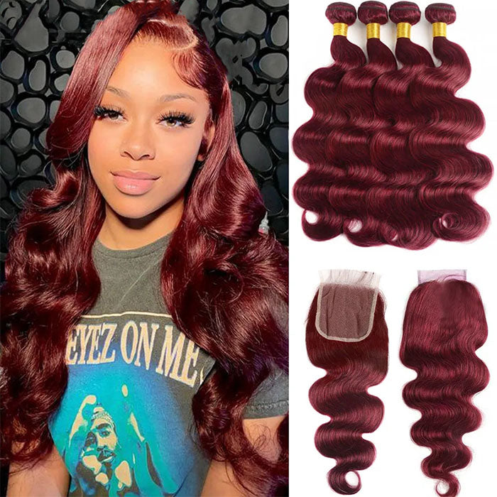 Red Bundles #99j Loose Deep 4 Bundles With 4x4 Lace Closure Brazilian Remy Human Hair