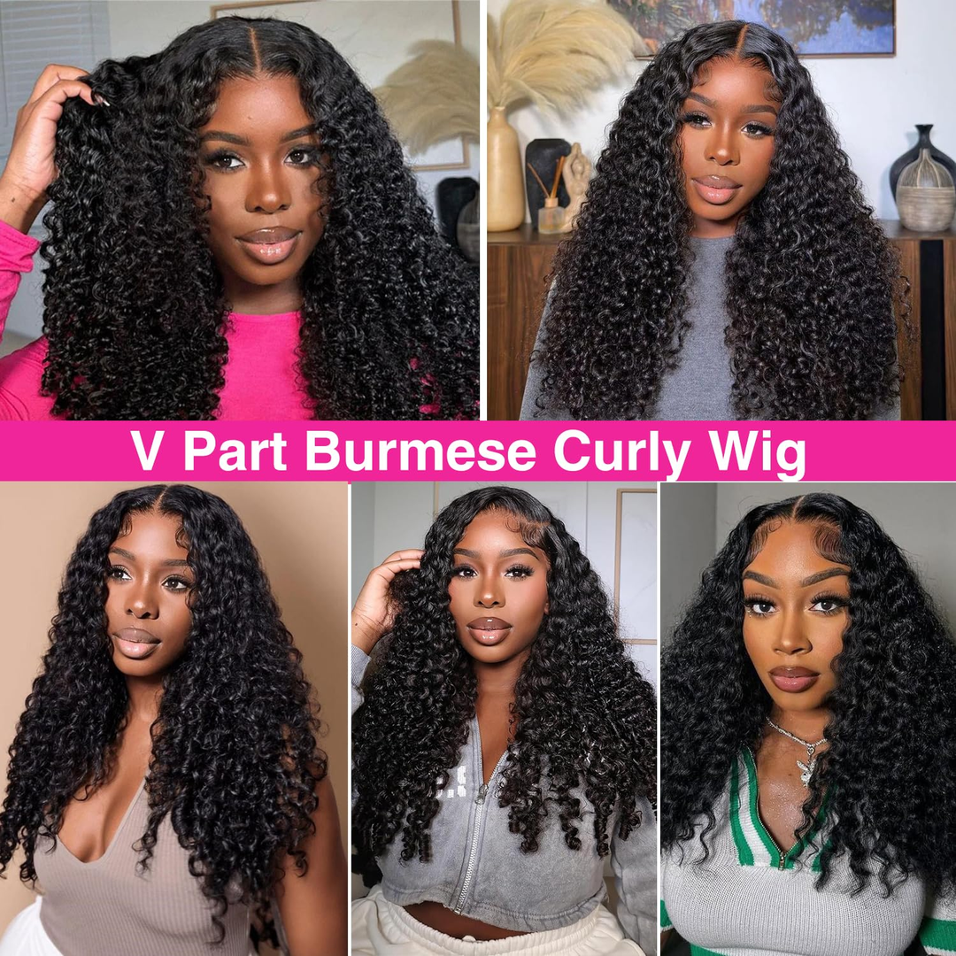 Burmese Curly V Part Wig Human Hair For Women Upgrade Ready To Wear Glueless Wig Water Wave Human Hair And Spiral End