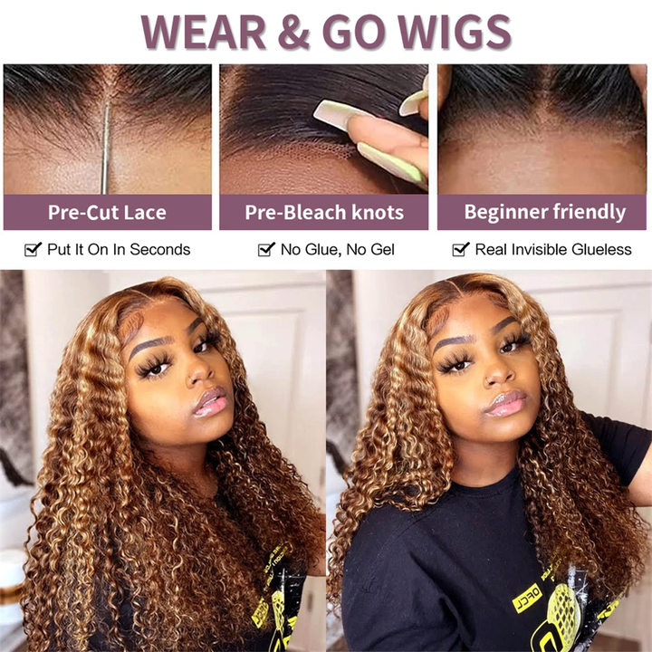 Lumiere Highlight Color P4/27 Deep Wave HD 4x4 & 5x5 lace Pre-cut Glueless Wig With Baby Hair