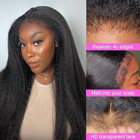 Bords 4C | Indétectable Kinky Straight Kinky Edges 13x4 Frontal Lace Glueless Wig | Inspiré d'Afro