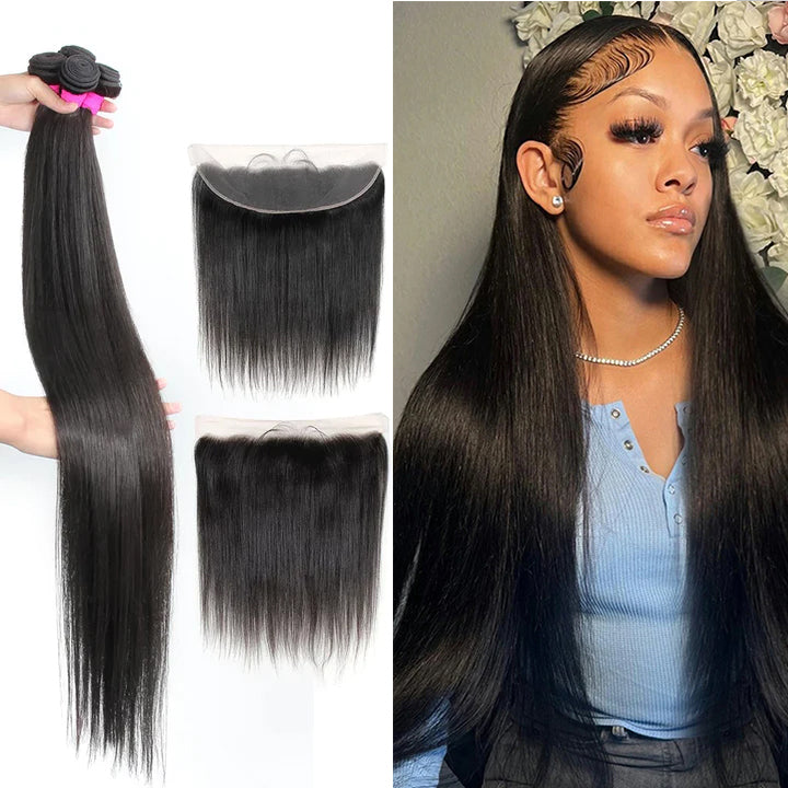 Straight 4 Bundles With 13X4 Lace Frontal Human Hair