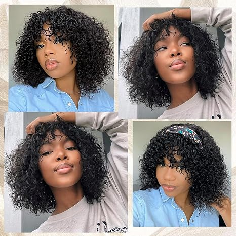 Water Wave Short Bob Wig With Bangs Full Machine Made For Black Women