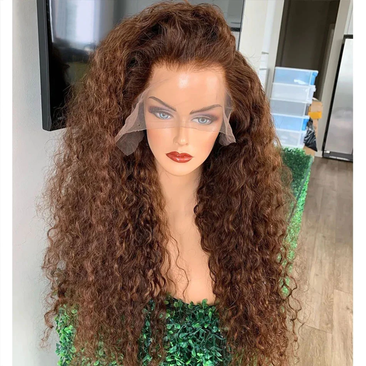 Perruque en dentelle transparente droite crépue brun rougeâtre au chocolat pour les femmes à la peau brune