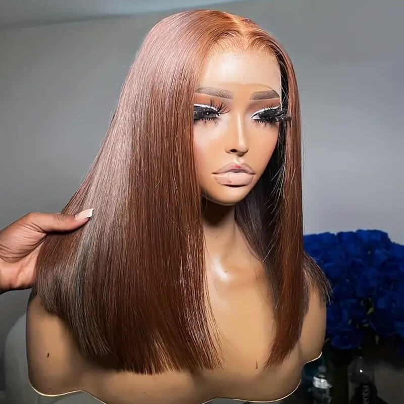 Lumiere New Blunt Cut Short Bob Wigs #4 Brown Colored Straight Human Hair 13x4 Lace Front Wigs