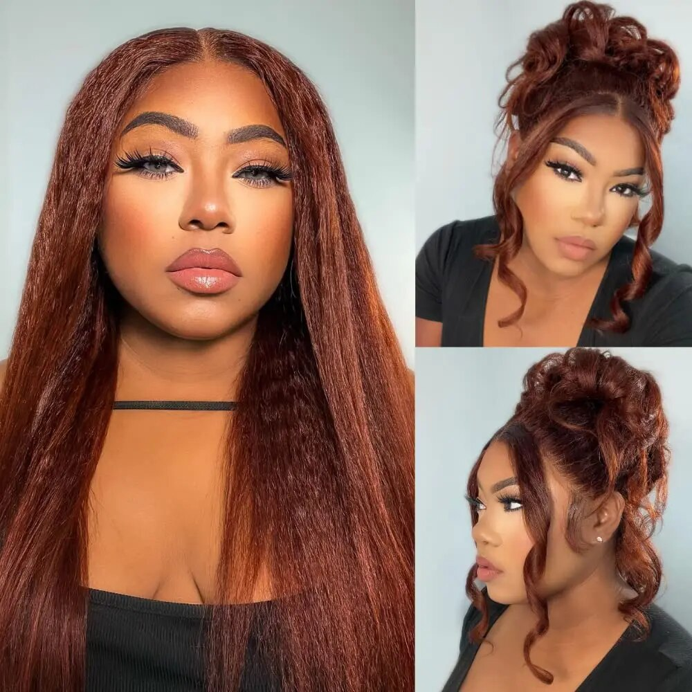 Lumiere Hair Color #33 Reddish Brown Kinky Straight Pre-cut lace Glueless Wig 4x4 & 5x5 lace Wig For Black Women