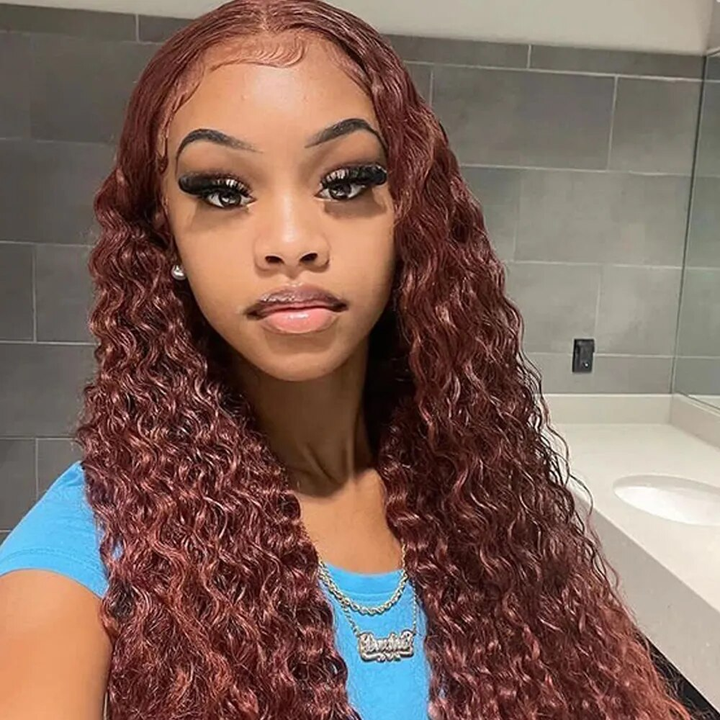 #33 Reddish Brown Deep Curly 13x4/4x4/5x5 Closure Lace Mid Part Long Wig 100% Human Hair